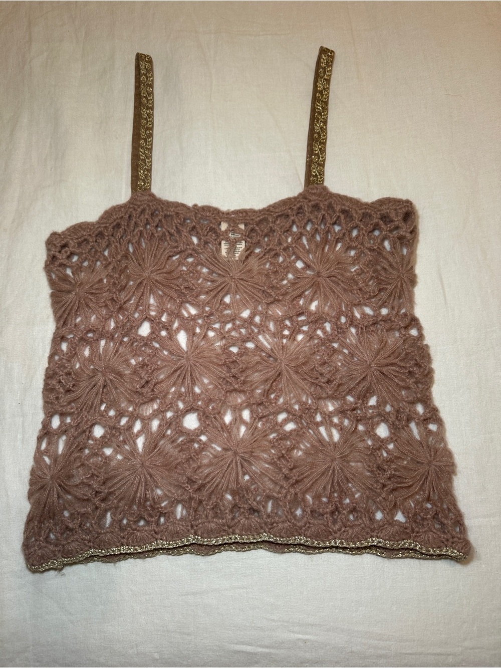 Free People Crochet Floral Camisole in Dusty Mauve with Gold Trim